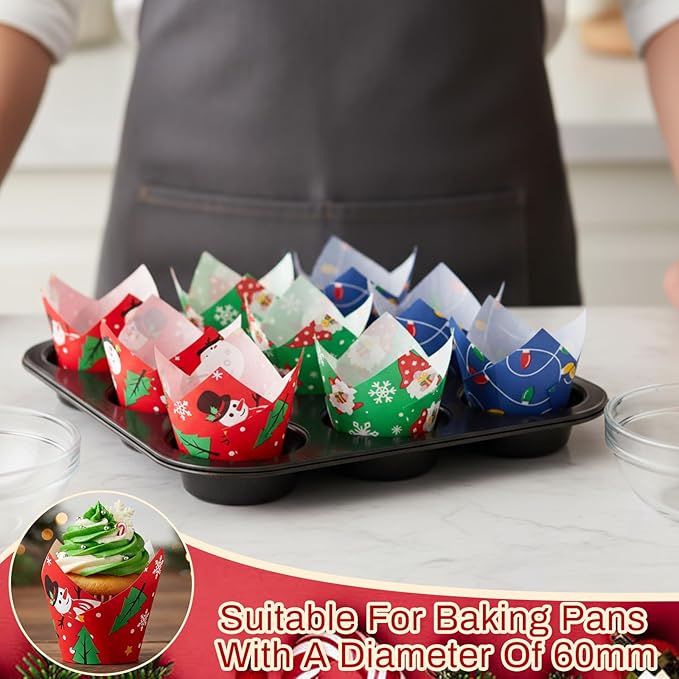 300 Pcs Jumbo Muffin Liners for Baking 2-1/4" x 4" Large Tulip Cupcake Liners Greaseproof Cupcake Wrapper Paper for Weddings Birthday Christmas Anniversaries Party (Christmas Color)
