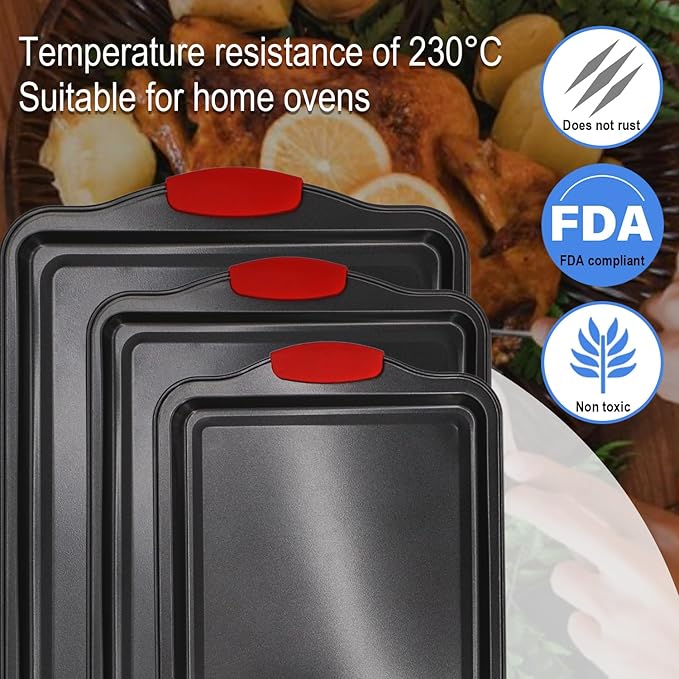 Non-Stick Baking Sheets Set of 3, Deluxe Black Non-Stick Carbon Steel, Commercial Grade Restaurant Quality Metal Bakeware with Red Silicone Handles(Black)