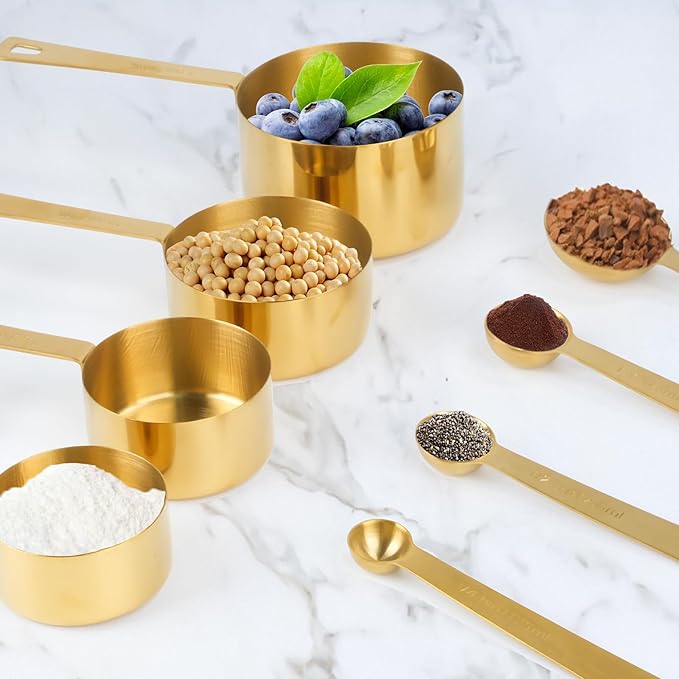 Stainless Steel Measuring Cups & Spoons Set, 8 Piece Stackable Accurate Tablespoon, Kitchen Gadgets for Cooking & Baking, Large, Golden
