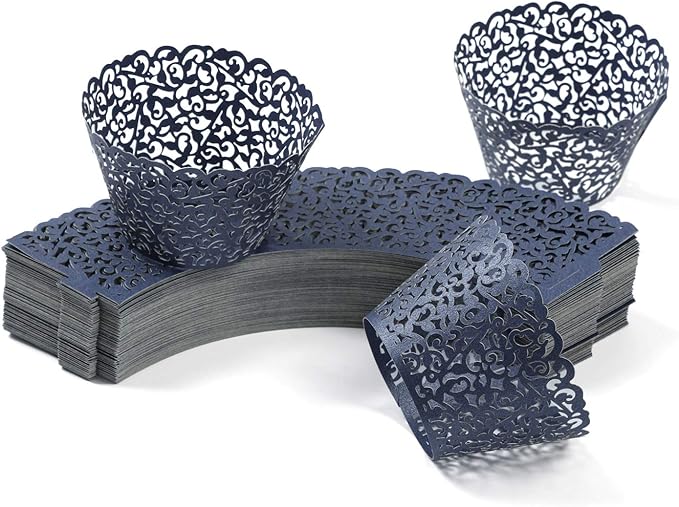 KPOSIYA Pack of 120 Cupcake Wrappers Artistic Bake Cake Paper Cups Vine Designed Laser Cut Cupcake Wraps Baking Cup Muffin Case Trays for Wedding Baby Shower Party Birthday Decoration (120, Navy blue)