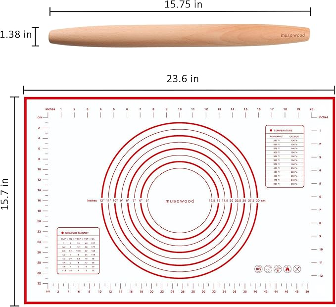 Muso Wood French Rolling Pin and Silicone Baking Mat Set, 15.75 Inch Beech Wood Tapered Rolling Pin for Fondant Pie Crust Cookie Pastry