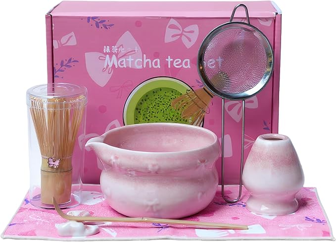 7pcs soft pink matcha whisk set with cute bow and heart motif - complete kit includes bamboo whisk, bowl, stand, scoop, sifter, tea towel -ideal gift for women and Japanese tea ceremony