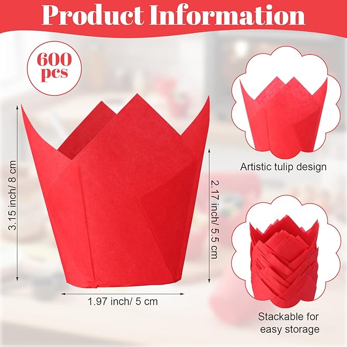 600 Pcs Tulip Cupcake Liners for Baking Muffin Liners Printed Baking Cups Holders Greaseproof Wrappers Decoration for Cupcake Bouquet Birthday Party Wedding Bride Shower (Red)
