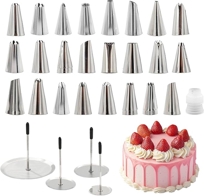 29 Pcs Cake Decorating Tools Kit, 4 Flower Nails,1 Flower Elevator For A Chocolate Cake Soft Candy Cupcake And 24 cakes piping tips For Fondant Cupcake
