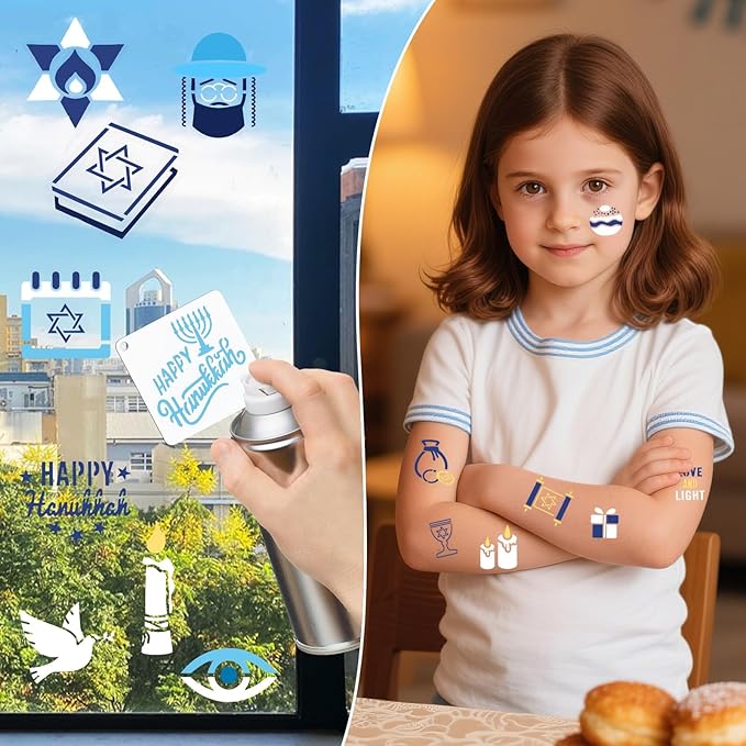 Augshy 56pcs Hanukkah Stencils, Chanukkah Dreidel Menorah Cupcake Stencils for Hanukkah Holiday Baking Painting Dessert Craft Decoration