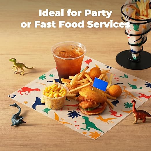 Fit Meal Prep Deli Paper Sheets, Dinosaur Dry Waxed Paper for Kids, Waterproof Sandwich, Grease-Proof Wax Paper for Food Basket, Picnic, Barbecue, Restaurants, Burgers, Fries [250 Sheets] 12x12"