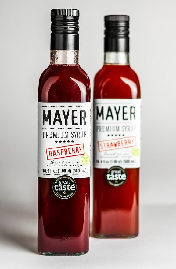 Mayer Hungarian Premium Raspberry Artisanal Syrup, Award-Winning, All-Natural, Vegan, Gluten-Free, Over 50% Real Fruits, (2 x 16.9oz), Perfect Coffee Syrup & Cocktail Syrup, No Artificial Additives (2 Pack)