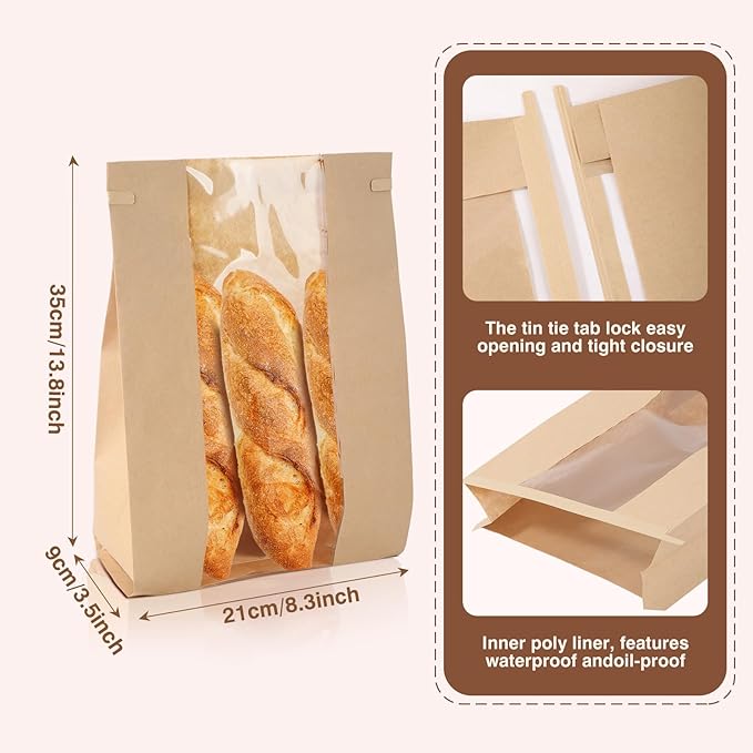 100 Pack Paper Bread Loaf Bakery Bags with Window 13.8x8.3x3.5 Inch Kraft Sourdough Bread Baking Bags for Baked Food Packaging Storage