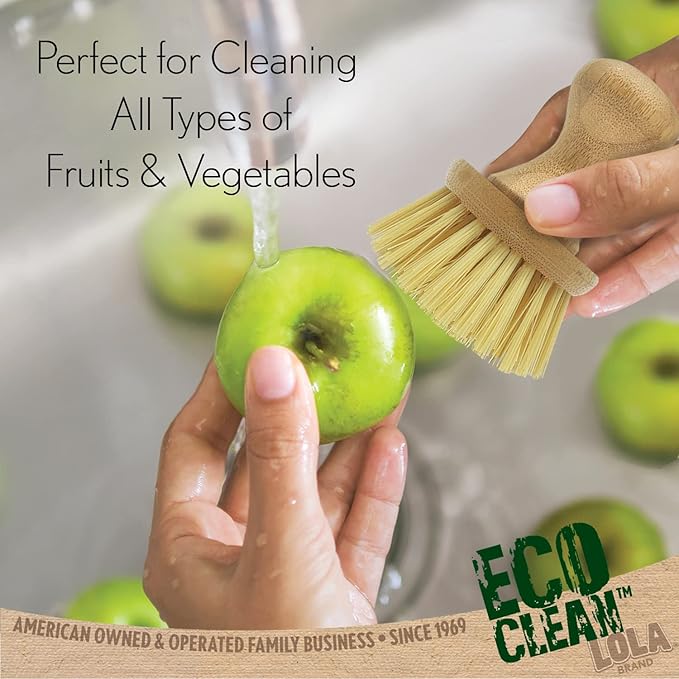 LOLA Vegetable Brush w/Comfort Bamboo Knob, 2 Pack, Durable Poly Bristles, Natural Bamboo, Fibers are Recycled Soda/Water Bottles