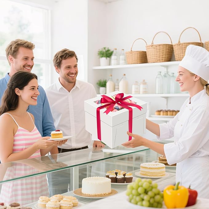 Sudaya 10x10x5 Cake Boxes with Window, Cake Boxes 10 inch Tall with Cakes Box Ribbon Stickers, 10in Disposable Carry Bakery Containers Cajas Para Pasteles for Pies Party Wedding Gift Giving