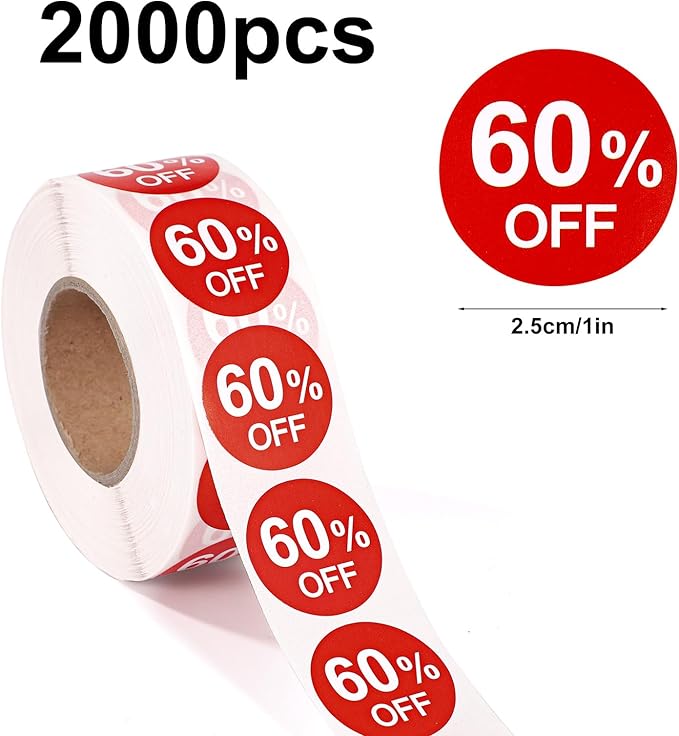 2 Rolls Discount Stickers, 1in Round Promotion Labels Self Adhesive Price Markers Signs Sales Reduced Tags for Retail Stores Supermarkets Shops Garage (Red)