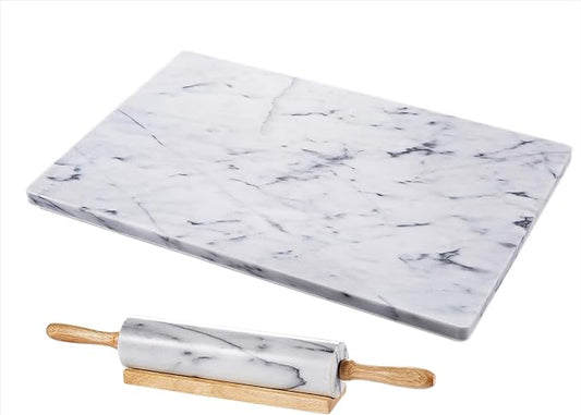 JEmarble Pastry Board 16x20 inch Set with Rolling Pin/Wooden Handles 18 inch(White) Non-Slip Rubber Feets for Stability Perfect for Keep the Dough Cool and Chocolate Tempering(Premium Quality)