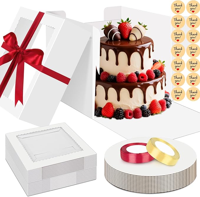 Sudaya 12x12x8 Cake Boxes with Window, Cake Boxes 12 inch with Tall Cakes Box Ribbon Stickers, 12in Disposable Carry Bakery Containers Cajas Para Pasteles for Pies Party Wedding Gift Giving