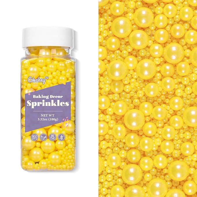 Cobakey Yellow Pearl Sprinkles for Cake Decorations 3.52 ounce Edible Pearl Sugar Sprinkles for Cupcake Toppers Wedding Party Valentines Halloween Christmas Supplies