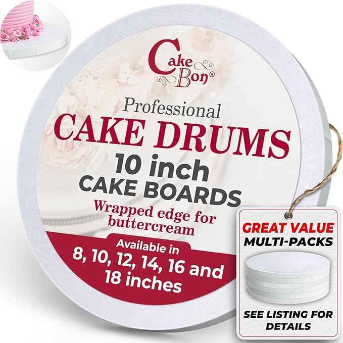 Cakebon Cake Boards - Sturdy 1/2 Thick Drums - 10 Inch Professional Fully Wrapped Edges White 12-Pack