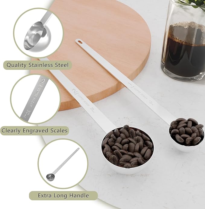 2PCS 2 Teaspoon Coffee Scoop, 9.1" Long Handle Measuring Spoon, 2tsp (10 ml) Stainless Steel Scooper
