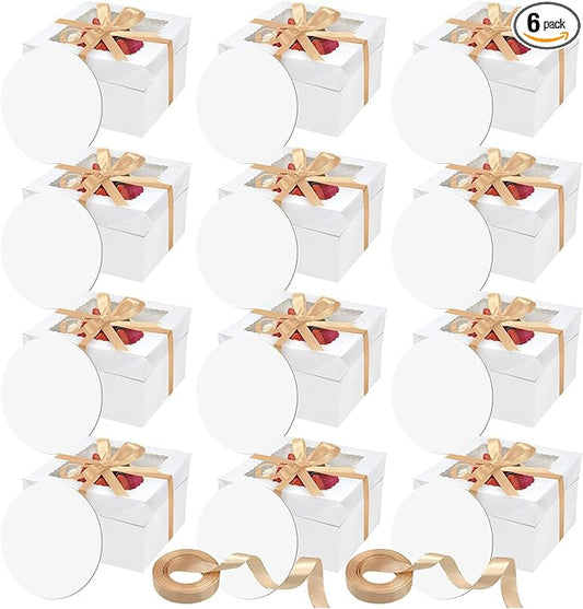 24PCS 8x8x8 Inches Cake Boxes with Boards—（12 Boxes with window & 12 Borads & 70ft Silk Ribbon） Square Baking Boxes
