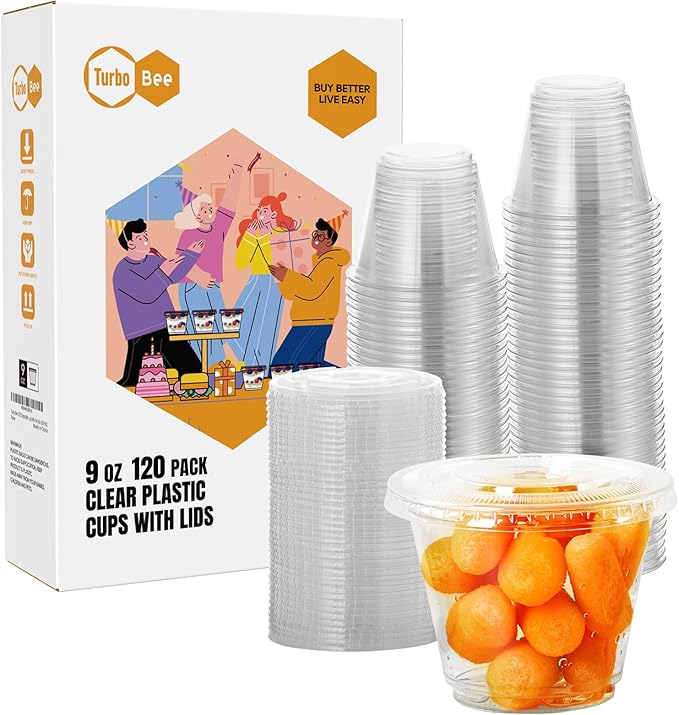 Turbo Bee 120 Pack 9 OZ Clear Plastic Cups with Flat Lids, Disposable Dessert Cups with Lids for Fruit, Snack Smoothie, Pudding and Ice Cream (No Hole)