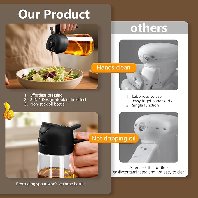 2PCS Oil Sprayer for Cooking, 16oz/470ml 2 In 1 Glass Olive Oil Sprayr & pourer for Kitchen, Air Fryer, Cooking, Salad, BBQ (Black,White)