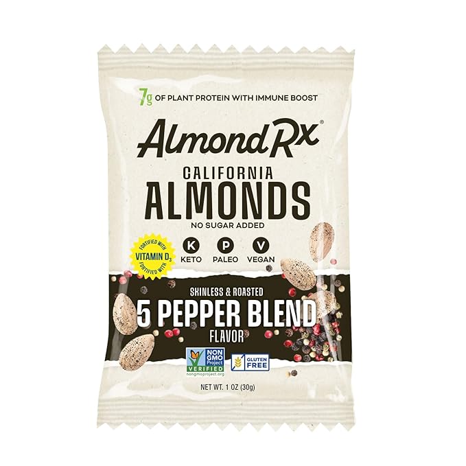 AlmondRx | Heart Healthy Skinless Lightly Salted California Almond Snack Packs | Fortified with Vitamin D | Plant Protein | Keto | Vegan | No Sugar Added (12 Pack, 5 Pepper Blend)