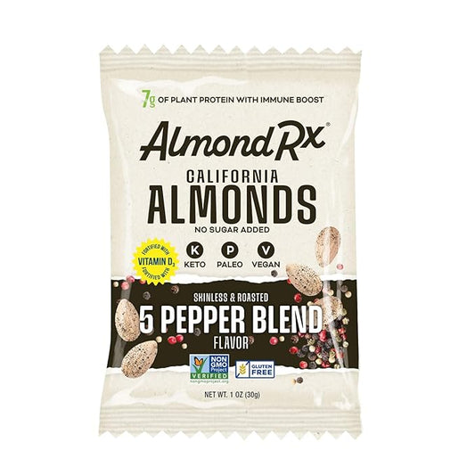 AlmondRx | Heart Healthy Skinless Lightly Salted California Almond Snack Packs | Fortified with Vitamin D | Plant Protein | Keto | Vegan | No Sugar Added (12 Pack, 5 Pepper Blend)