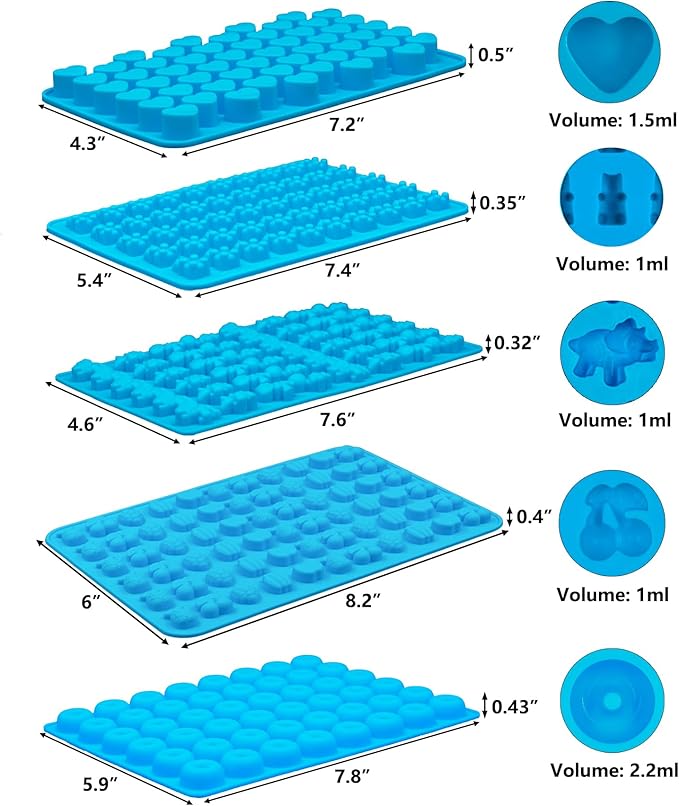 5 PCS Gummy Candy Molds Silicone, Food Grade Non-Stick Gummy Bear Mold Mini Fruit Snacks Molds BPA Free with 2 Droppers Including Mini Dinosaur, Bear, Heart, Fruit and Donut (Blue)