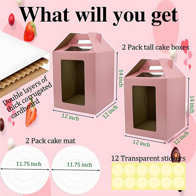 Cake Boxes - 2 Pack Tall Cake Box 12x12x14 Inch Disposable Layer Carrier with Window Large Tierd Cake Out Transport Containers with Handle for Wedding, Birthday, Party