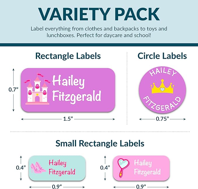 Personalized Waterproof Name Labels for Kids | Optional Packs 50, 150, 230 Labels | Custom Name Stickers for Kids' Clothing Tag, Water Bottle, Lunch Box, Customize Kid Name Label for Daycare Princess