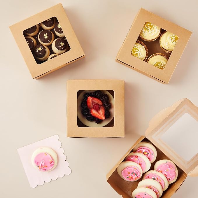 Juvale Cookie Boxes with Window - 50-Pack 6x6x2.5 in, Brown Paperboard - Bakery Boxes for Cookies, Cupcakes & Muffins