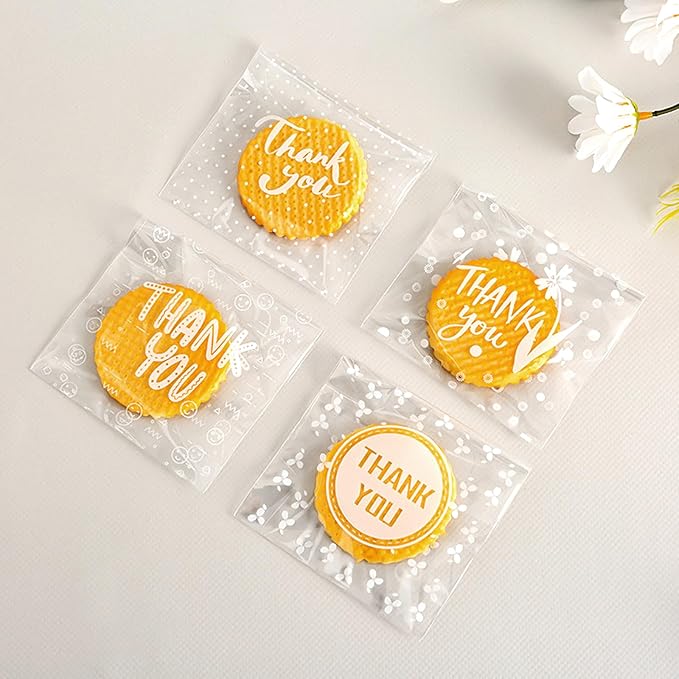 Jutieuo 100pcs Self Adhesive Thank You Cookie Bags, 4x4 Inch Small Clear Cellophane Bags for Packaging, Party Favor, Bake Sale, Gift Giving