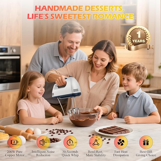 WADODO 200W Electric Hand Mixer, 7-Speeds Small Handheld Mixer with 304 Stainless Steel Beaters, Dough Hooks & Whisk Attachment, Portable Food Kitchen Mixer for Baking Cake Cookies Cream