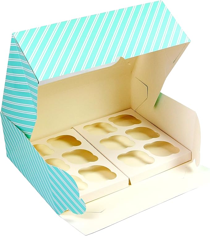 Global Sugar Art Auto-Popup Quarter Sheet Cake & 12 Cupcake Box with Window and Cupcake Inserts, Designer Blue Stripe 14 x 10 x 4 Inches, 5 Count