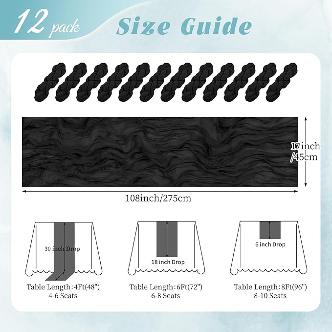 12 Pack Black Cheesecloth Table Runner 17x108 Inch Semi Sheer Boho Gauze Cheese Cloth Fabric Table Runners, for Wedding Party Baby Shower Birthday Home Decor Garden Farmhouse