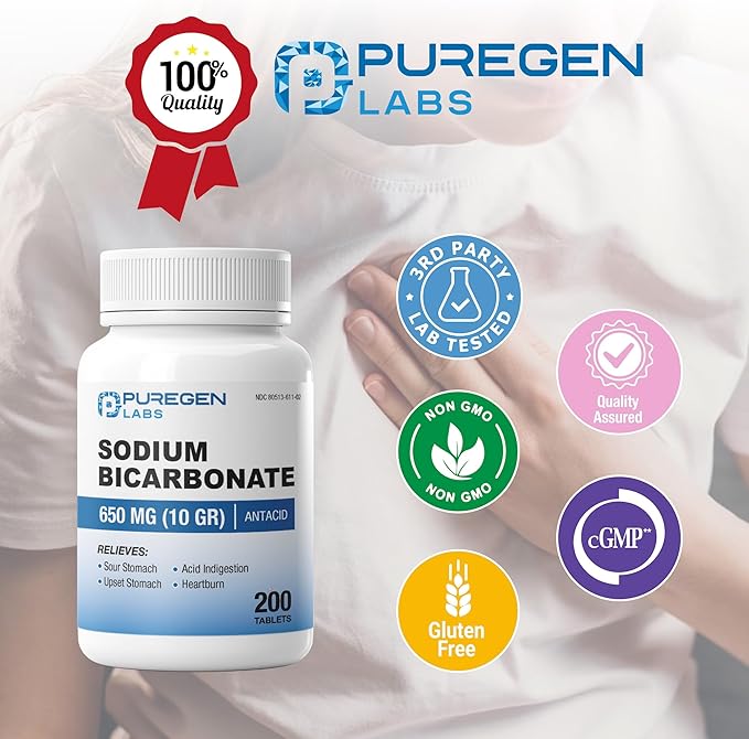 Puregen Labs Sodium Bicarbonate Tablets 650mg (10 Grains) | 200 Count | Relief of Acid Indigestion, Heartburn, Sour Stomach & Upset Stomach (2)