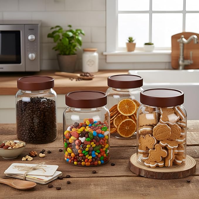 LemonRoad 4 Pcs 40 FL OZ (1200ml) Plastic Storage Jars with Airtight Wooden Lid Large Clear Food Storage Container Canister for Sugar, Tea, Spices, Coffee, Bean, Candy, Cookies, Kitchen