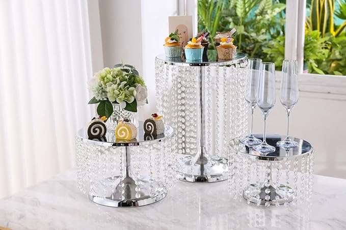 LANLONG Cake Stand for Dessert Table 12 Inch Silver Crystal Pendants Metal Cake Stand Serves as A Round Dessert Cupcake Display Plate for Table, Wedding, Party, Event