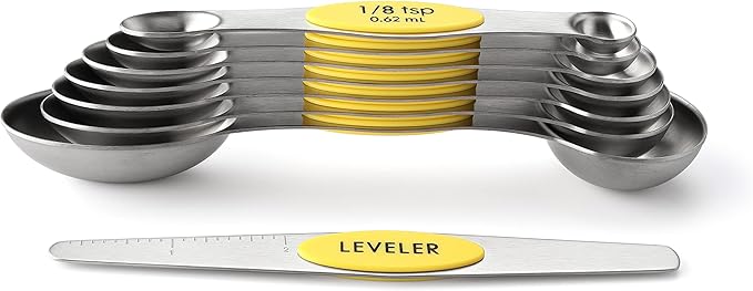 Spring Chef Magnetic Measuring Spoons Set, Dual Sided, Stainless Steel, Fits in Spice Jars, Yellow, Set of 8, 2 Pack
