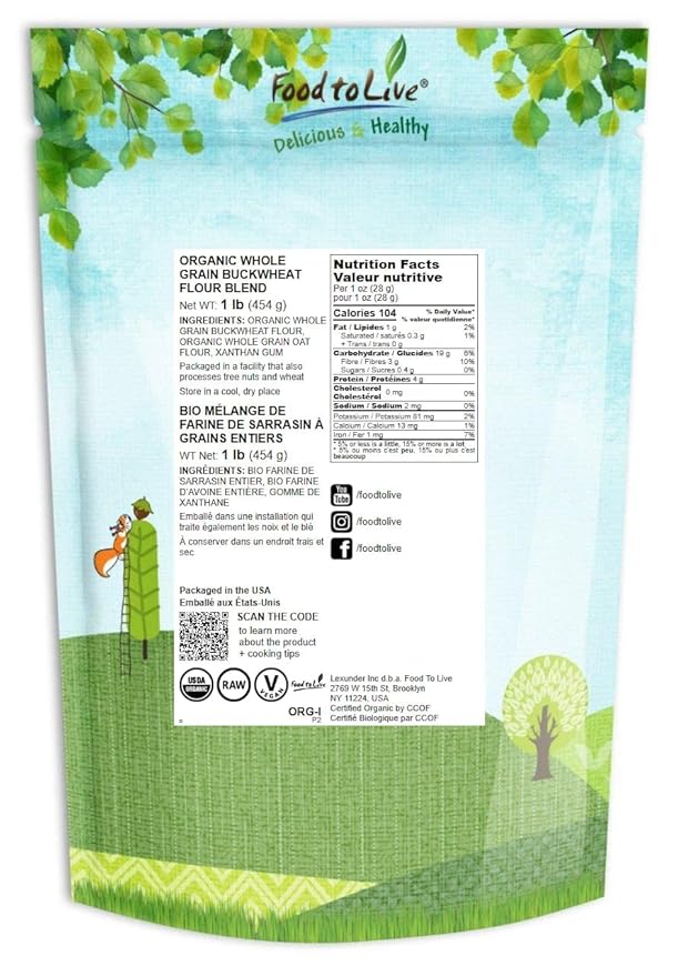 Food to Live Organic Whole Grain Buckwheat Flour Blend, 1 Pound – A Custom Mix of Organic Buckwheat Flour and Organic Oat Flour, Non-GMO, Fine Meal, Vegan, Bulk. All Purpose Flour. Great for Baking