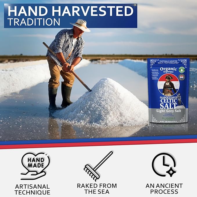 Napoleon's Celtic Organic 82 Minerals Sea Salt Coarse, 1.0lb Resealable Bag, French Sea Salt, Grey Salt, Naturally Moist, Hand Harvested, Unrefined Mineral Salt, 100% Natural (1.0lb Grey Coarse) Pack of 1