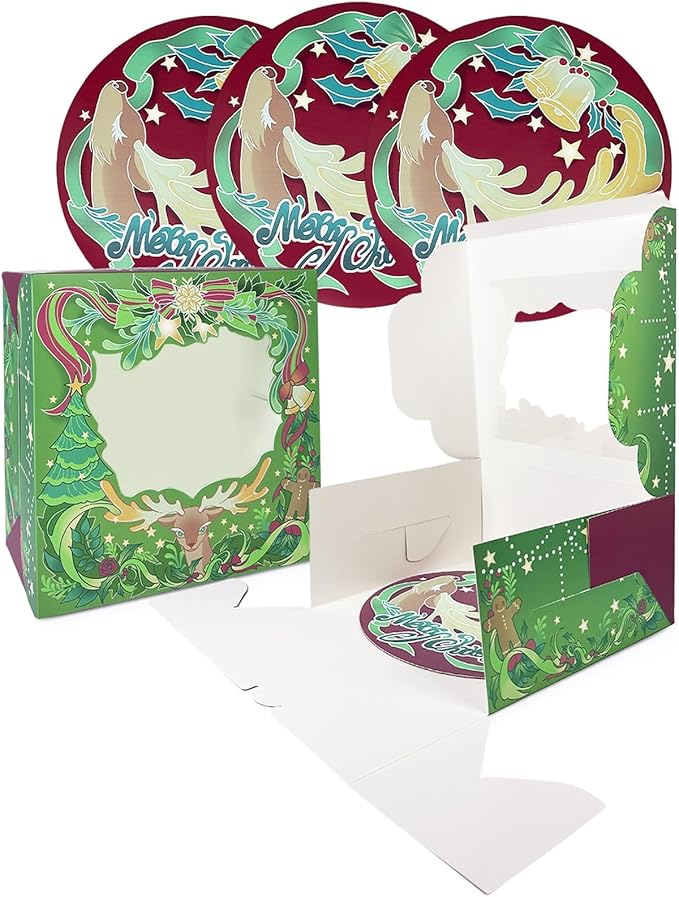 Bakepacker Christmas Cake Boxes with Window Green Deer 10"x10"x5" Bakery Boxes for Xmas Holiday Winter Party Supply 36pcs (18 cake boxes +18 Cake Boards Included)