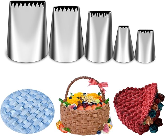 Suuker 5 Pieces Basketweave Piping Tips Set,Stainless Steel Half Row Braided Flower Cake Decorating Tips, Frosting Icing Tips for Cupcakes, Cake, Cookie and Decorating (3D 1D 895 48 47)