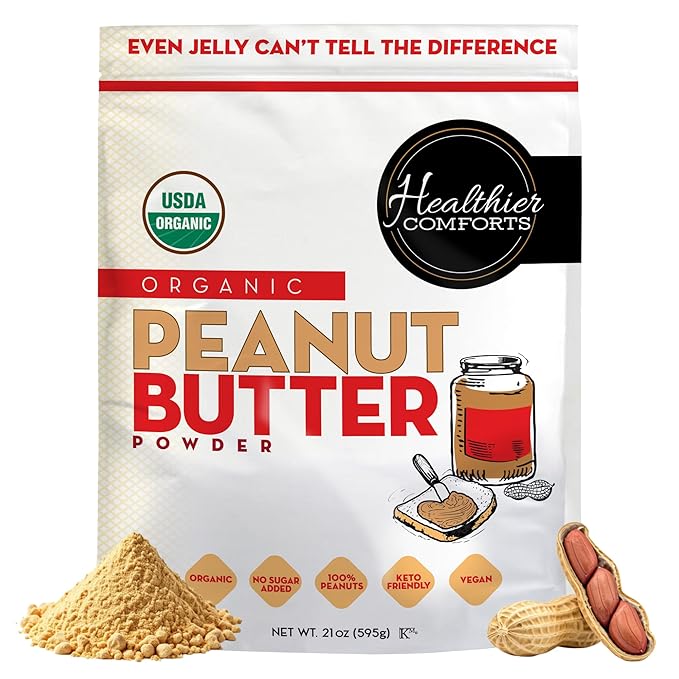 Healthier Comforts Organic Peanut Butter Powder | USA Grown and Processed | Gluten Free, Vegan, Kosher, Keto-Friendly | No Added Sugars, Low Sodium | Perfect For Protein Powder Shakes, Smoothies and Baking (21 oz)