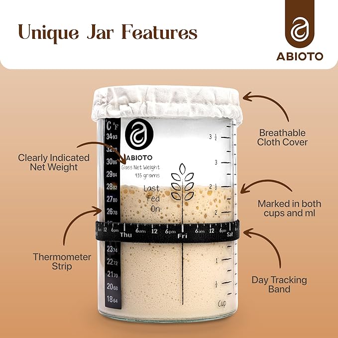 Sourdough Proofing Basket and Starter Jar Kit – 2.2 LB Oval Wood Pulp Banneton (Made in Germany) with 34 oz Sourdough Starter Jar, Thermometer Strips, Day Tracker & Spatula – Bread Proofing Set