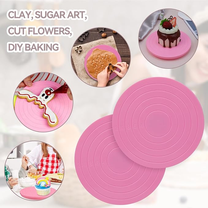 2Pcs Cake Decorating Turntable,5.5inch Rotating Turntable, Turns Smoothly Revolving Cake Stand Decorating Baking Tools Accessories Supplies for Cookies Cupcake,Pink
