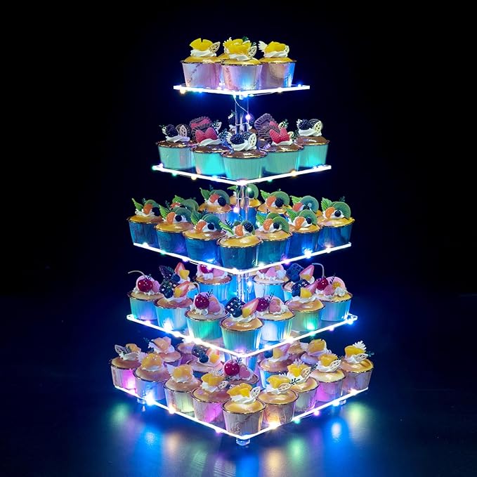 Cupcake Stand, 5-Tier Square Cupcake Holder with LED Light String, Acrylic Cupcake Tower Display-Dessert Tower-Pastry Stand-Cupcake Tier Stand for Wedding, Birthday Party (Colorful Light)…