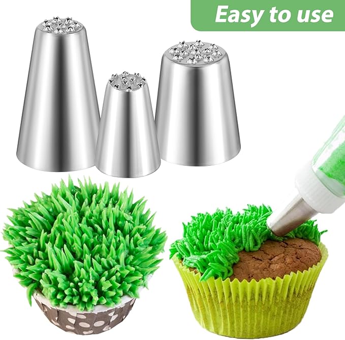 Prasacco 3 PCS Grass Piping Nozzle, Stainless Steel Grass Nozzles for Cake Decorating Icing Nozzles Set Cream Tips Cake Decorating Piping Nozzle for Cakes, Cupcakes Fondant
