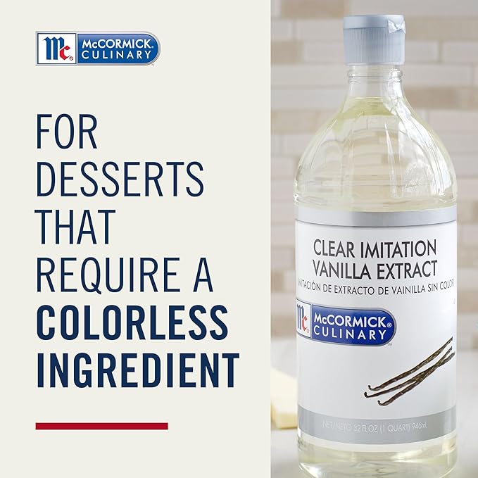 McCormick Culinary Clear Imitation Vanilla Extract, 32 fl oz - One 32 Fluid Ounce Bottle of Clear Vanilla Flavoring for Baking, Perfect in Baked Goods, Frostings, Custards and Desserts