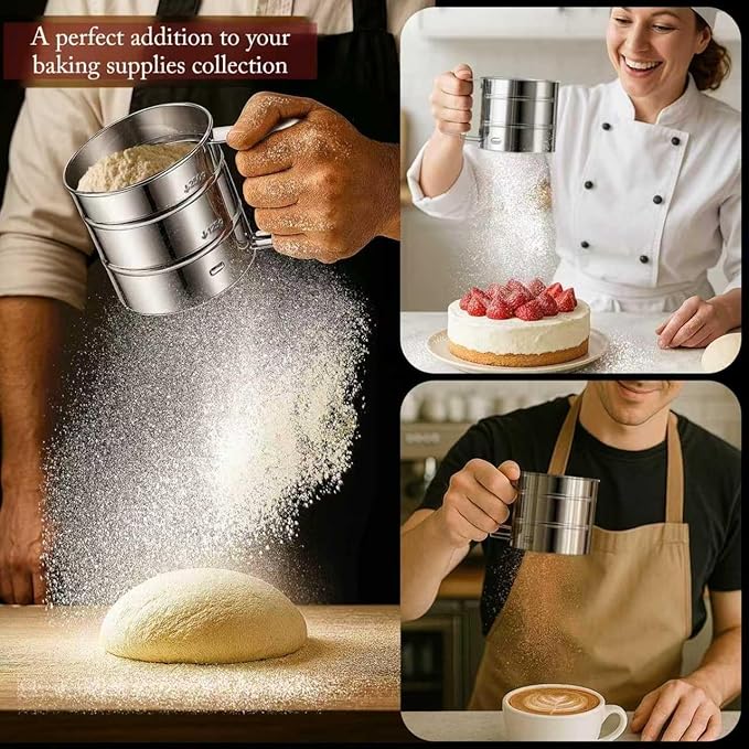 Flour Sifter,Upgraded 3-Cup Flour Sifter for Baking, One-Hand Press 3-in-1 Sifter with Double-Layer Fine Mesh, Stainless Steel Flour Sieve Baker for Quick Sifting and Super Smooth Dough Dusting