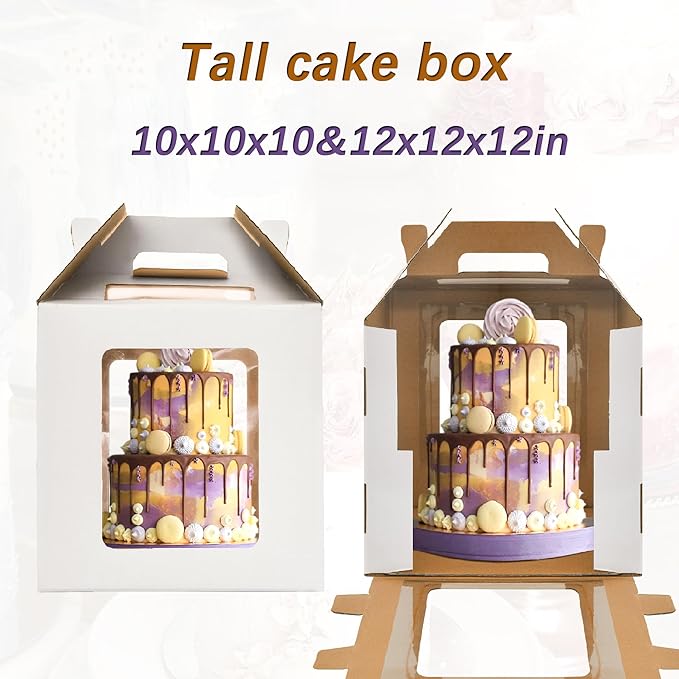 10x10x10 & 12x12x12 Tiered Cake Box with window,8in 10in 12in Tall Cake Boxes for Tier Cakes,Layer tall baking carrier, tier cake boxes (2 pack)