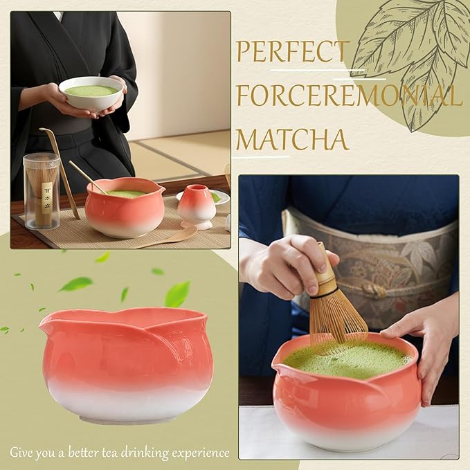 8 Pcs Matcha Whisk Set Chasen Matcha Whisk Bamboo Bowl with Spout Sifter Spoon Scoop Whisk Holder Bamboo Mat Complete Matcha Making Kit (Red Petal)